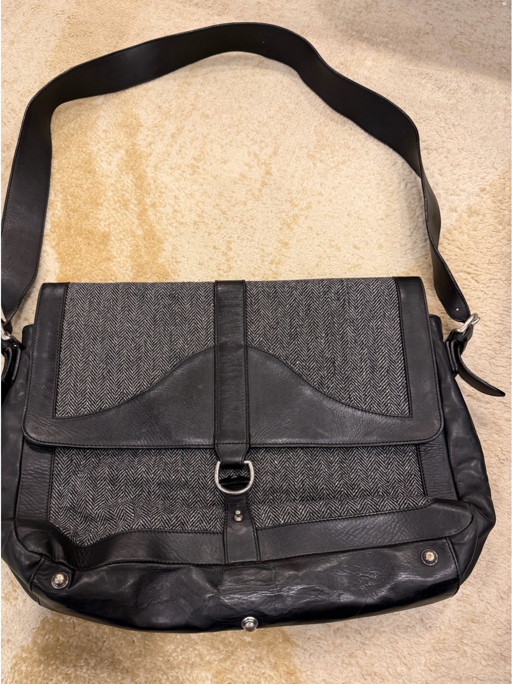Ghurka herringbone leather and tweed messenger bag crossbody laptop satchel